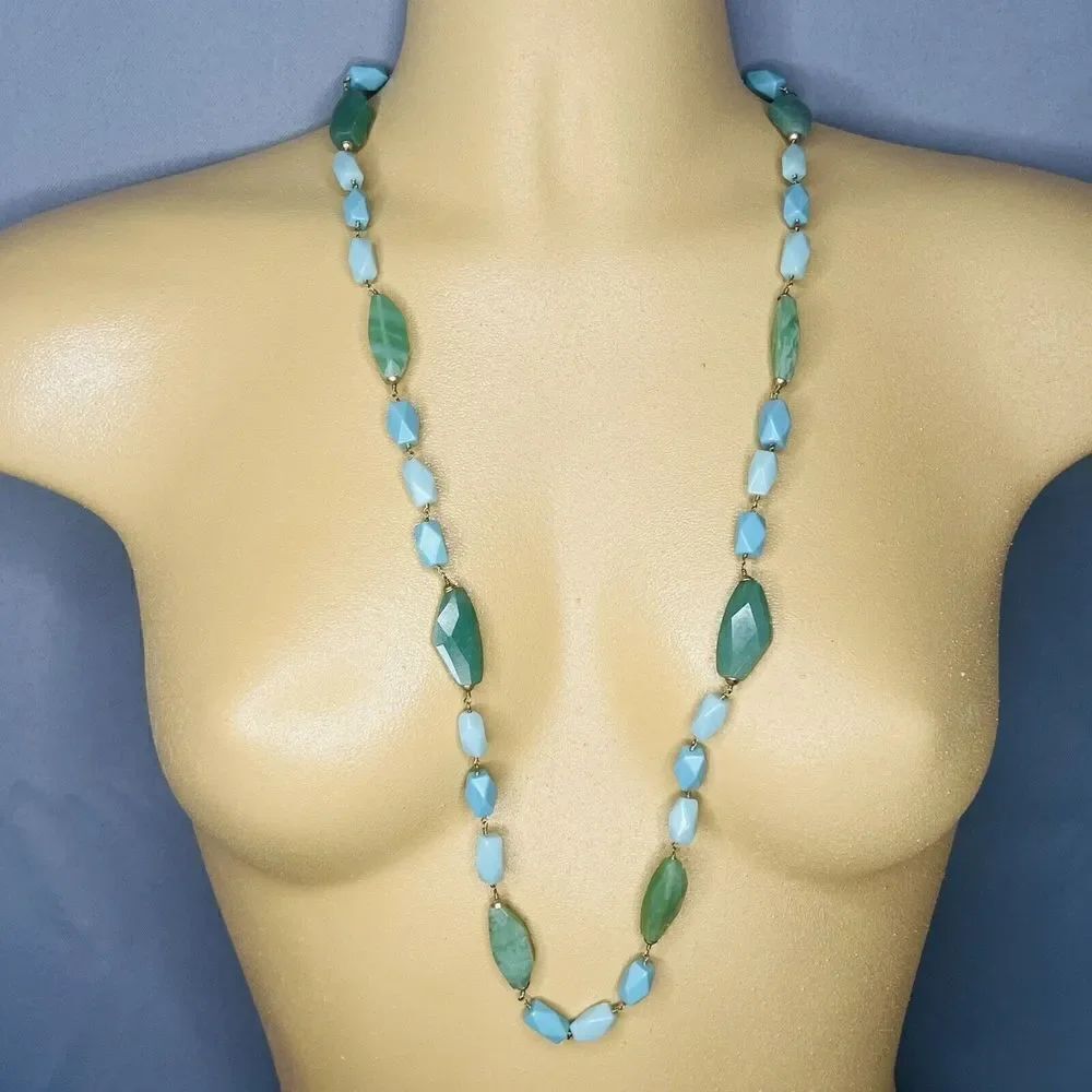 Vintage Monet Necklace Lucite Beads Ocean Baby Blue Mint Green Beaded 4329